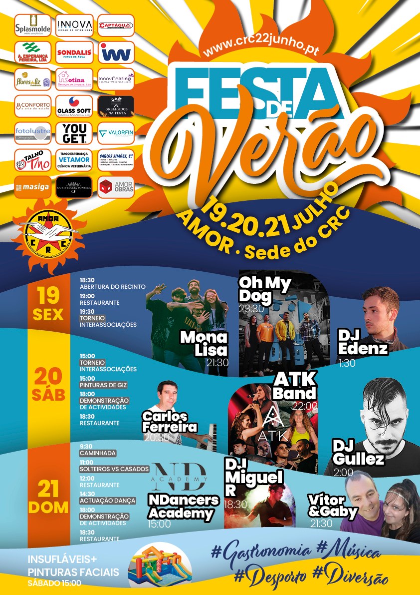Cartaz da Festa de Verão do CRC, em Amor, nos dias 19, 20 e 21 de julho. Anuncia música, dança, desporto, gastronomia e atividades para crianças.