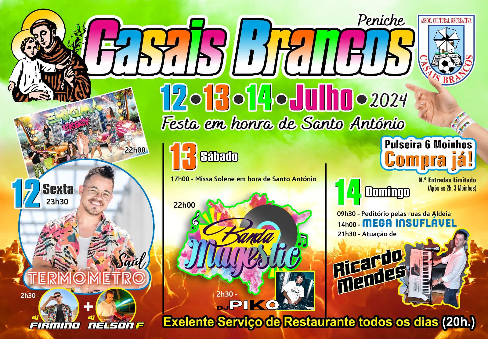 Cartaz das Festas Brancos 2024, em honra de Santo António, anunciadas para 12, 13 e 14 de julho. Apresenta o programa religioso e musical, incluindo missa, peditório e atuações.