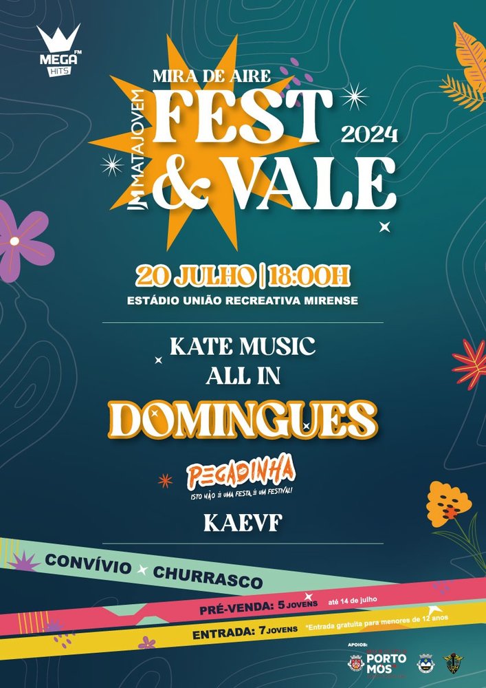Cartaz do Mira de Aire Fest & Vale 2024, anunciado para 20 de julho, às 18h00, no Estádio União Recreativa Mirense. Divulga atuações musicais, convívio e churrasco.