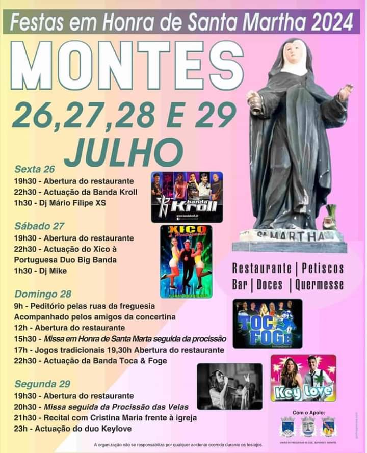 Cartaz das Festas em Honra de Santa Marta 2024, em Montes, de 26 a 29 de julho. Apresenta o programa religioso e de animação, com missas, procissões, música e jogos tradicionais.