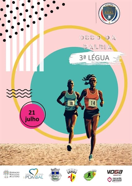 Cartaz da 3.ª Légua «Osso da Baleia», marcada para 21 de julho. Mostra duas atletas a correr, com os dorsais 10 e 14.