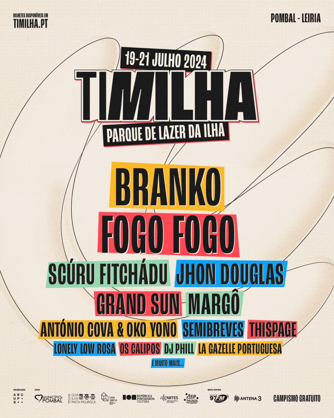 Cartaz do festival Ti Milha, anunciado para 19 a 21 de julho de 2024 no Parque de Lazer da Ilha, em Pombal, Leiria. Destaca Branko, Fogo Fogo e outros artistas, além de indicar bilhetes disponíveis e campismo gratuito.