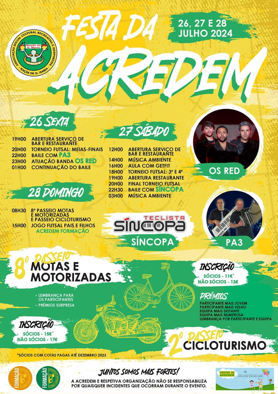 Cartaz da Festa da ACREDEM, marcada para 26, 27 e 28 de julho de 2024. Apresenta o programa de música, baile, futsal e passeios de motas, motorizadas e cicloturismo, com horários e preços de inscrição.