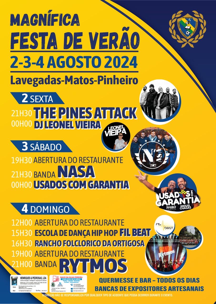 Cartaz da Magnífica Festa de Verão, em Lavegadas-Matos-Pinheiro, de 2 a 4 de agosto de 2024. Anuncia concertos, dança, rancho folclórico, restaurante, quermesse e bancas de artesanato.