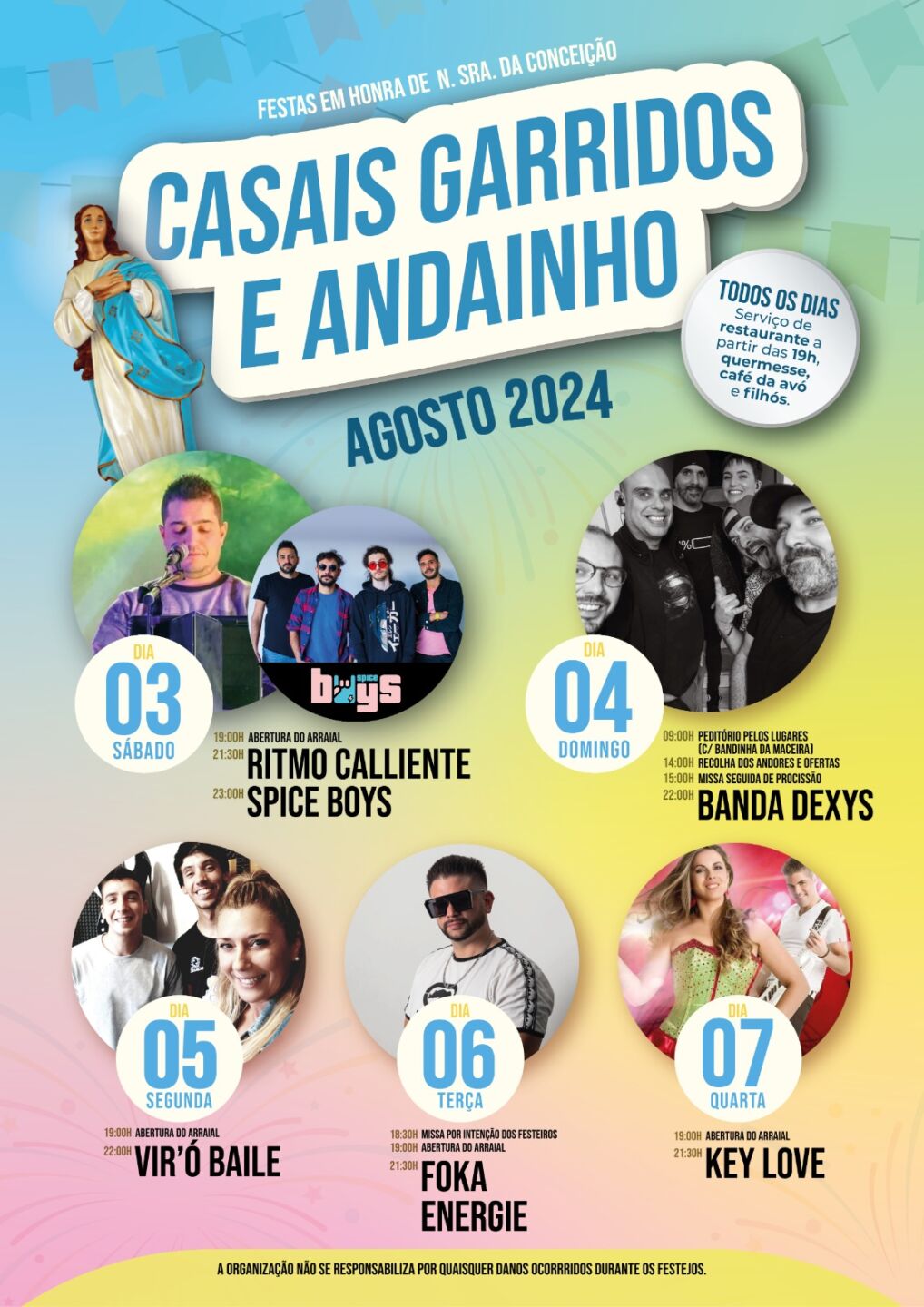 Cartaz das festas em honra de Nossa Senhora da Conceição, em Casais Garridos e Andainho, de 3 a 7 de agosto de 2024. Apresenta o programa religioso e musical, com atuações de Ritmo Calliente, Spice Boys, Banda Dexys, Vir’ó Baile, Foka Energie e Key Love.