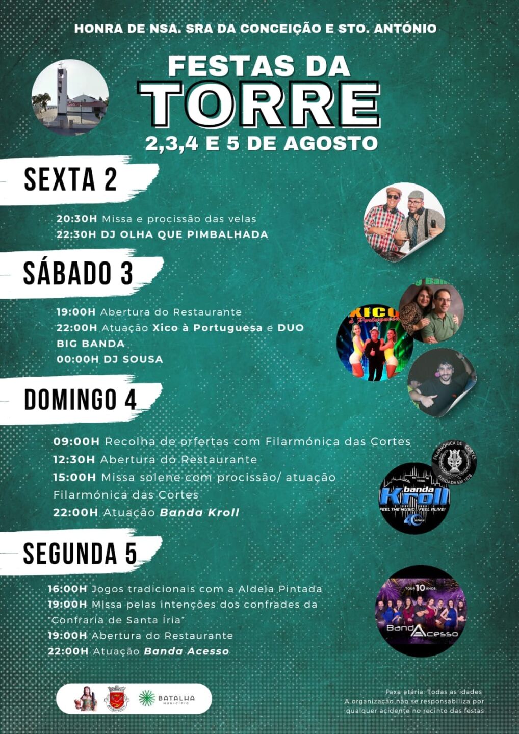 Cartaz das Festas da Torre, em honra de Nossa Senhora da Conceição e Santo António, de 2 a 5 de agosto. Apresenta o programa religioso e de animação, com missas, procissões, concertos, jogos tradicionais e restaurante.