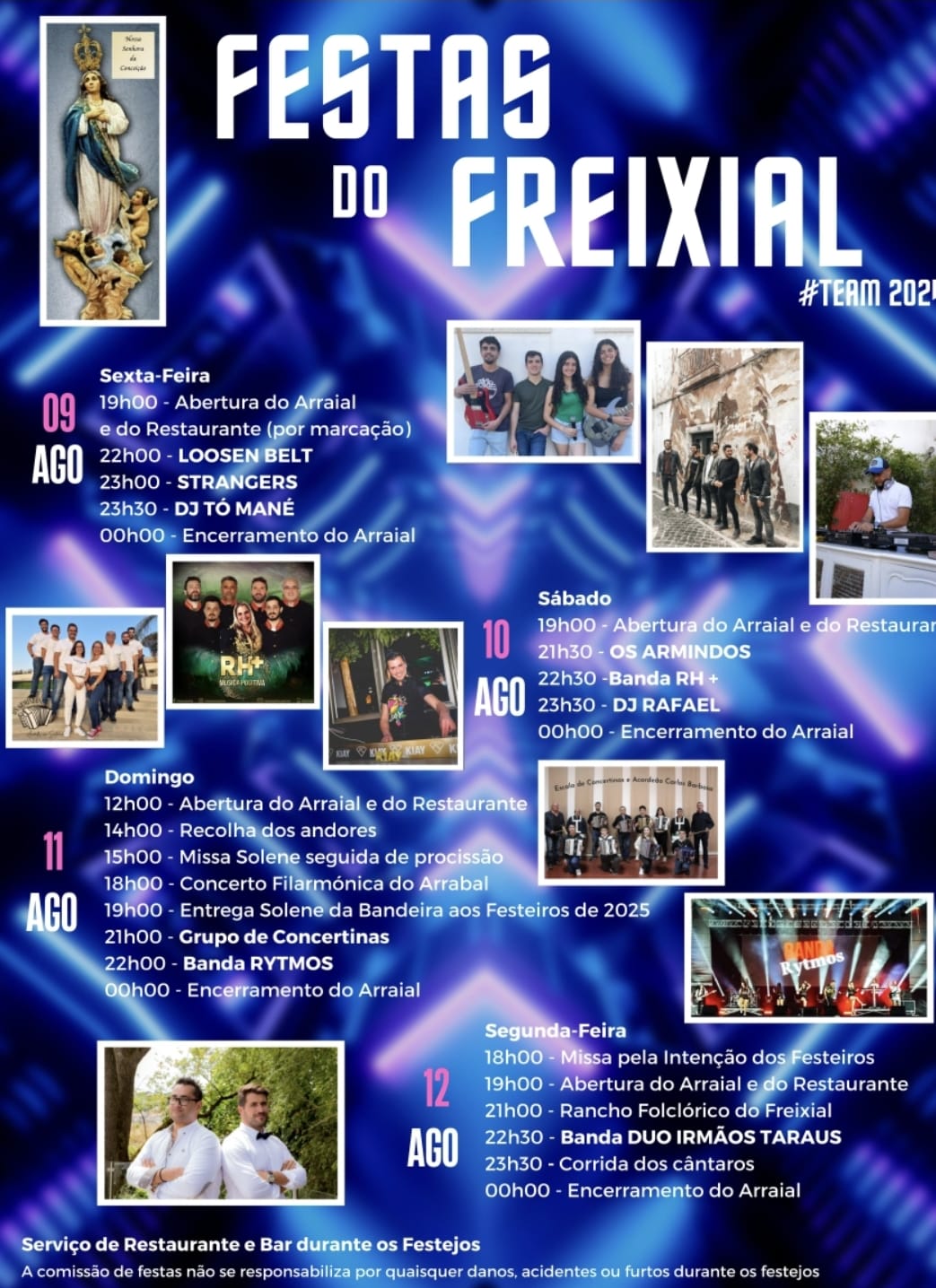 Cartaz das Festas do Freixial, de 9 a 12 de agosto. O programa inclui arraial, celebrações religiosas, concertos e atuações de DJ.