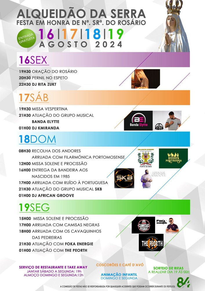 Cartaz da festa em honra de Nossa Senhora do Rosário, em Alqueidão da Serra, de 16 a 19 de agosto de 2024. Anuncia celebrações religiosas, procissões e atuações musicais.