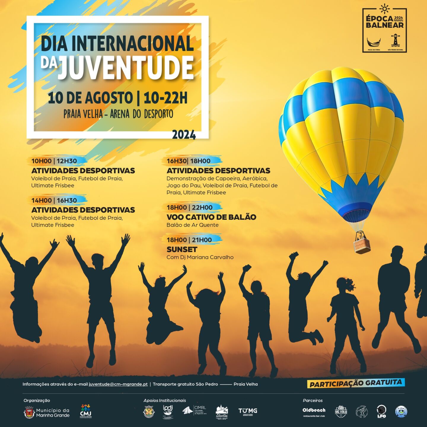 Cartaz do Dia Internacional da Juventude, marcado para 10 de agosto de 2024 na Praia Velha, na Marina Grande. Anuncia atividades desportivas, um voo cativo de balão de ar quente e música ao pôr do sol, com participação gratuita.