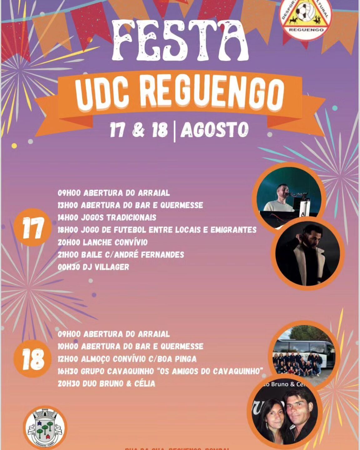 Cartaz da Festa UDC Reguengo, marcada para 17 e 18 de agosto. O programa anuncia jogos tradicionais, futebol, convívios e atuações musicais; não indica o ano.