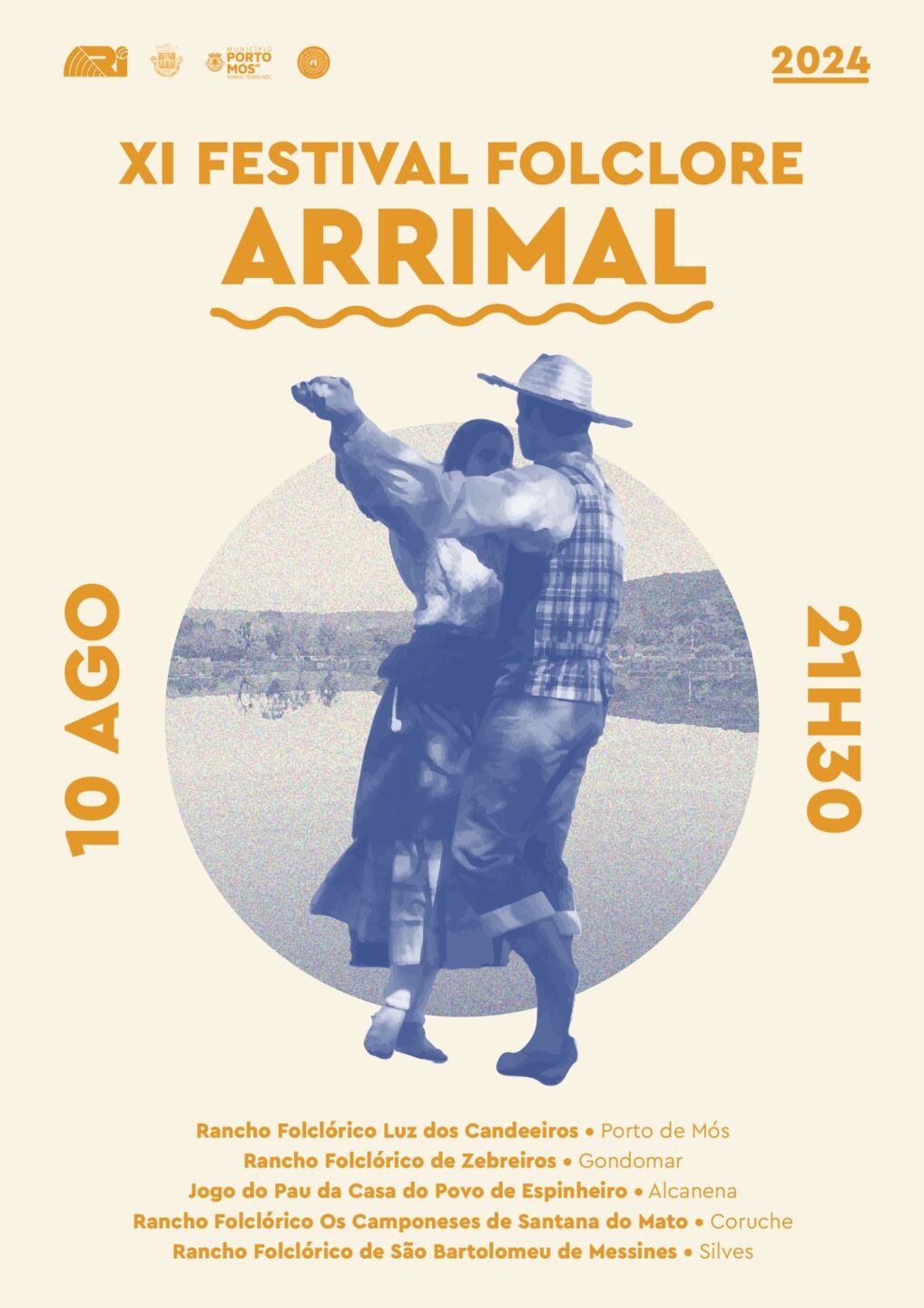 Cartaz do XI Festival Folclore Arrimal, anunciado para 10 de agosto de 2024. Apresenta a imagem de um par a dançar e a lista dos grupos participantes.