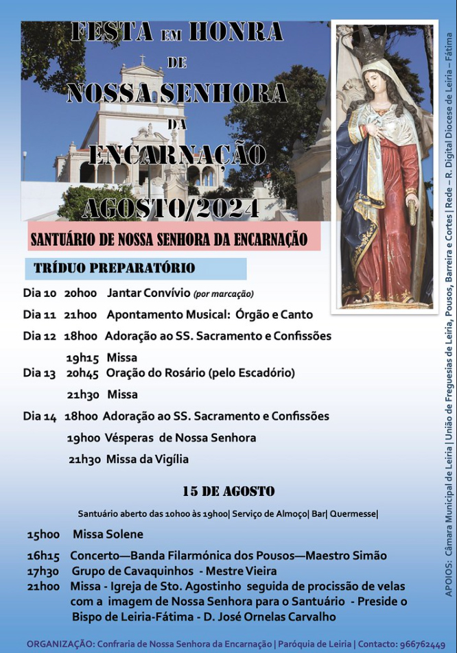 Cartaz da Festa em Honra de Nossa Senhora da Encarnação, no Santuário de Nossa Senhora da Encarnação, em agosto de 2024. Apresenta o programa religioso e musical, incluindo a missa solene de 15 de agosto.