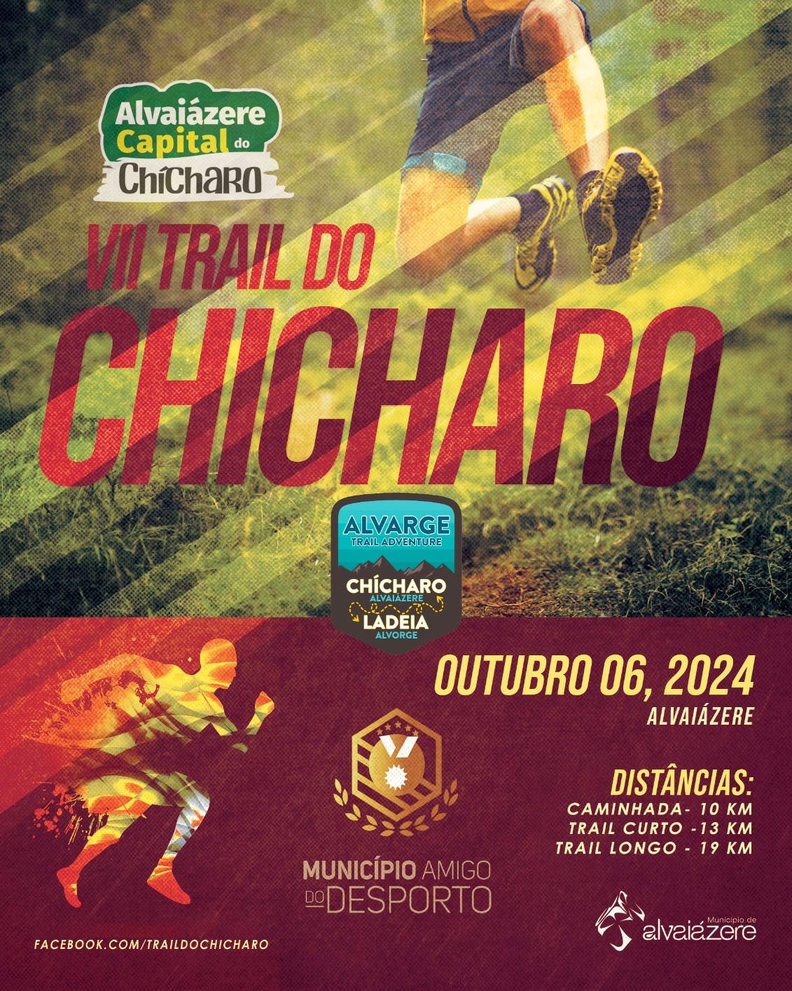 Cartaz da VII edição do Trail do Chícharo, em Alvaiázere, anunciada para 6 de outubro de 2024. Apresenta uma caminhada de 10 km e provas de trail de 13 km e 19 km.