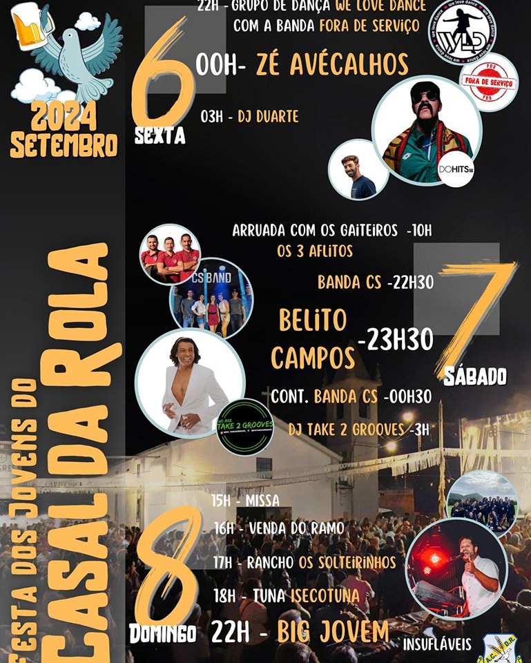Cartaz da Festa dos Jovens do Casal da Rola, marcada para 6 a 8 de setembro de 2024. Anuncia música ao vivo, arruada, missa e outras atividades.