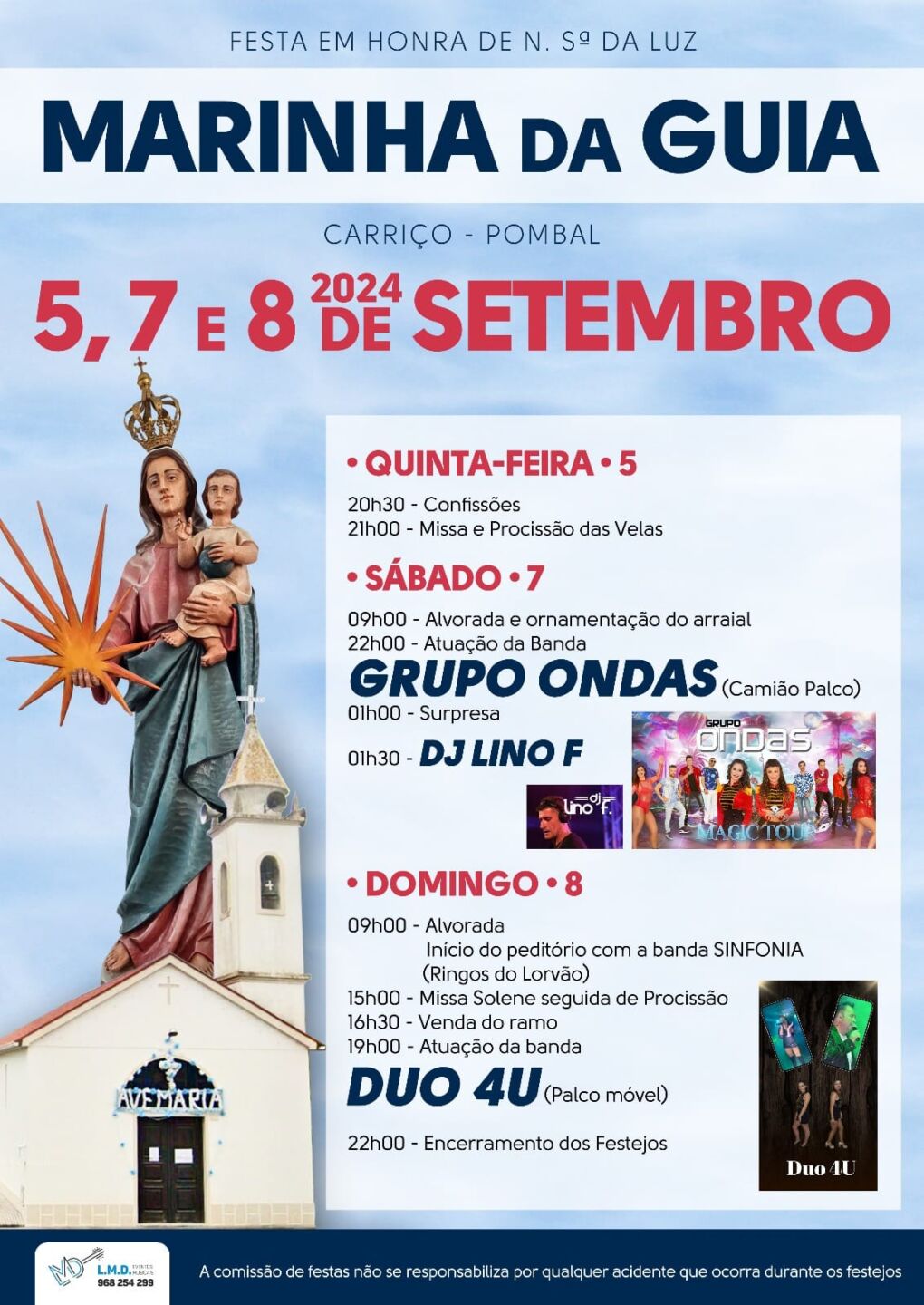 Cartaz da festa em honra de Nossa Senhora da Luz, na Marinha da Guia, Carriço, Pombal, nos dias 5, 7 e 8 de setembro de 2024. O programa anuncia celebrações religiosas, procissões e atuações musicais.