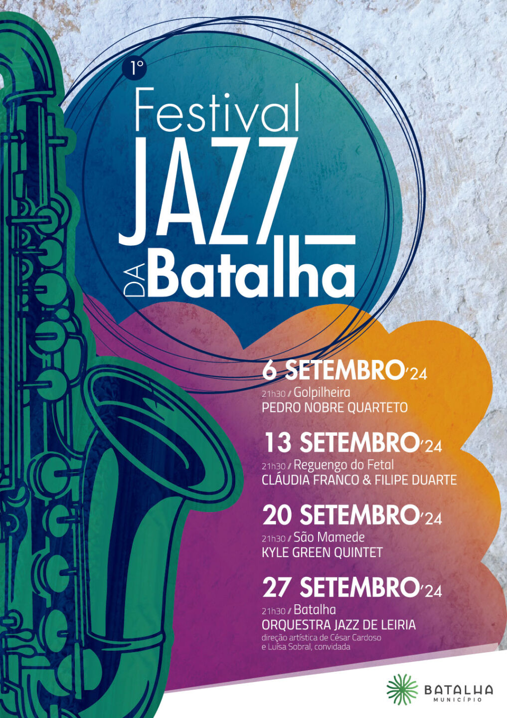 Cartaz do 1.º Festival Jazz da Batalha, com quatro concertos anunciados para setembro de 2024, às 21h30. As atuações estão previstas para Golpilheira, Reguengo do Fetal, São Mamede e Batalha.