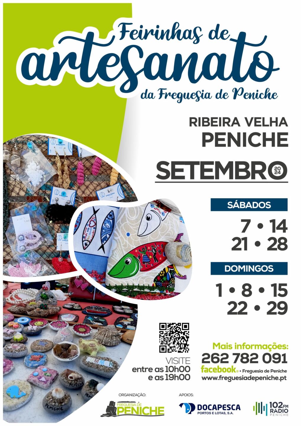 Cartaz das Feirinhas de Artesanato da Freguesia de Peniche, na Ribeira Velha. Anuncia a edição de setembro de 2024, aos sábados e domingos indicados, entre as 10h00 e as 19h00.