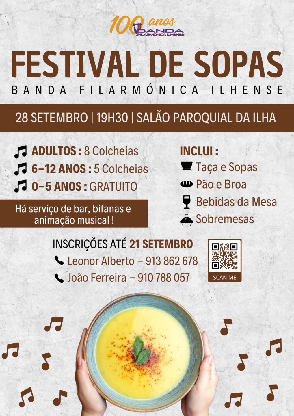 Cartaz do Festival de Sopas da Banda Filarmónica Ilhense, marcado para 28 de setembro, às 19h30, no Salão Paroquial da Ilha. Anuncia preços por faixa etária, animação musical e inscrições até 21 de setembro.
