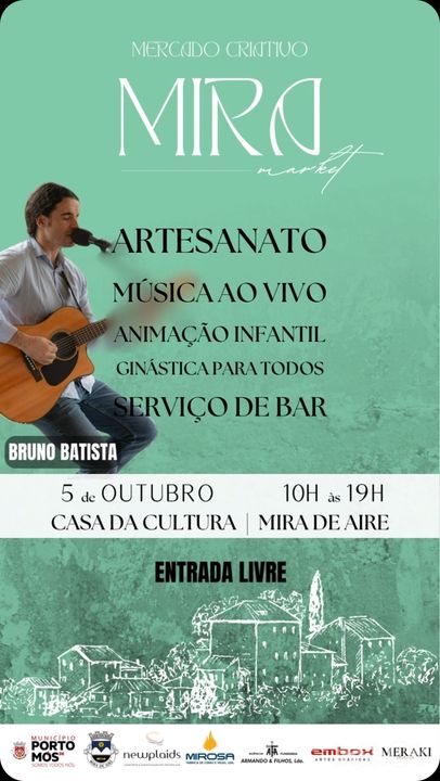 Cartaz do Mercado Criativo Mira de Aire, anunciado para 5 de outubro, das 10h às 19h, na Casa da Cultura de Mira de Aire, com entrada livre. O programa inclui artesanato, música ao vivo, animação infantil, ginástica para todos e serviço de bar.
