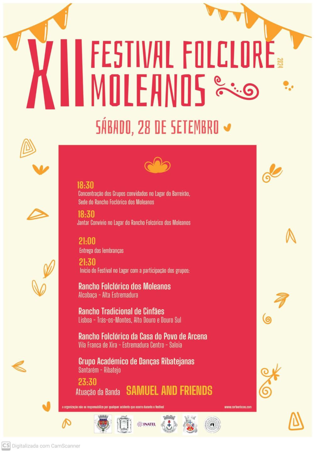 Cartaz do XII Festival Folclore Moleanos 2024, marcado para sábado, 28 de setembro. Apresenta o programa, os grupos participantes e a atuação da banda Samuel and Friends.