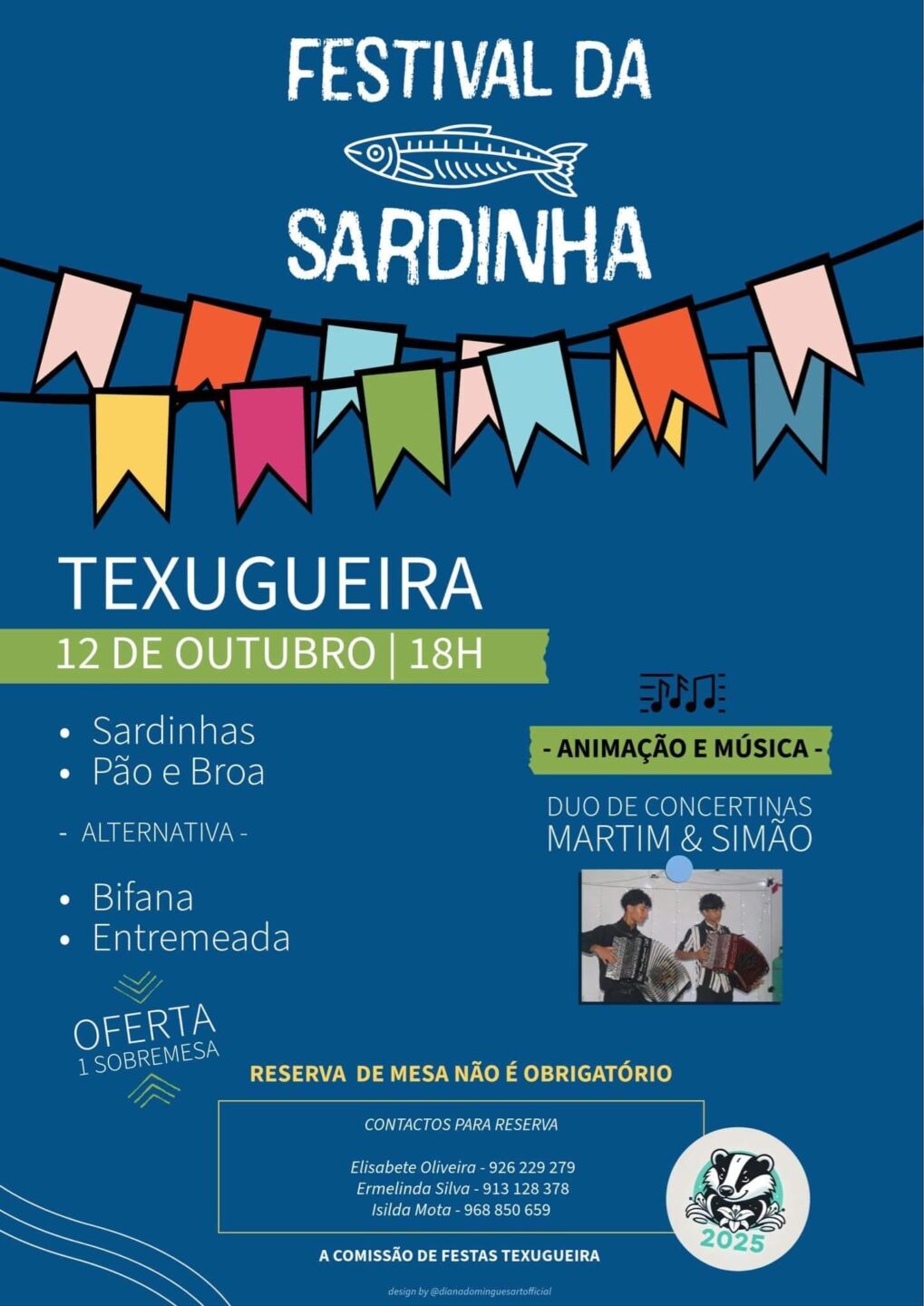 Cartaz do Festival da Sardinha em Texugueira, anunciado para 12 de outubro, às 18h. Divulga comida, animação e música com o duo de concertinas Martim & Simão; o cartaz apresenta o ano de 2025.