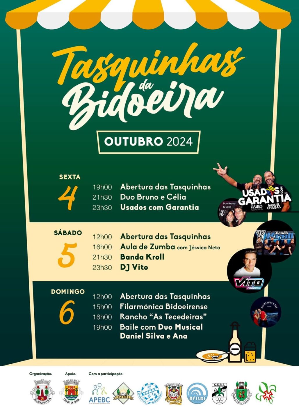 Cartaz das Tasquinhas da Bidoeira, de 4 a 6 de outubro de 2024. Apresenta horários de abertura, música, dança e outras atuações.