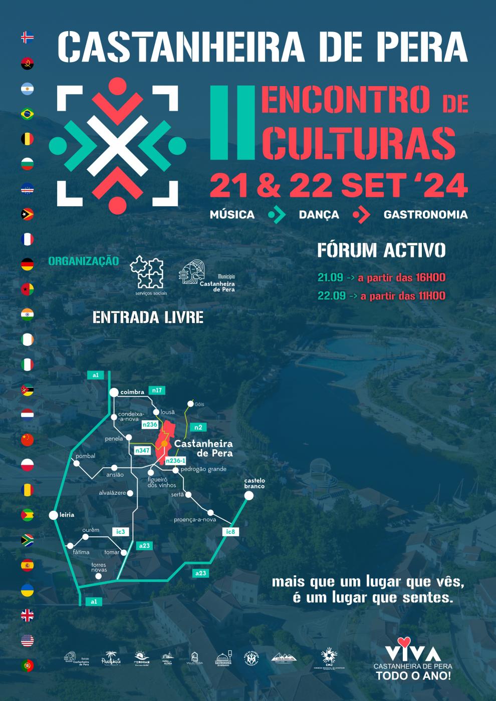 Cartaz do II Encontro de Culturas em Castanheira de Pera, anunciado para 21 e 22 de setembro de 2024. O programa destaca música, dança, gastronomia e um fórum activo, com entrada livre.