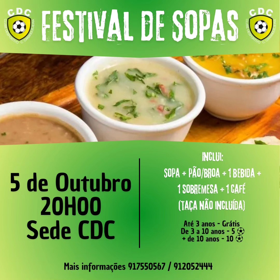 Cartaz do Festival de Sopas do CDC, marcado para 5 de outubro, às 20h00, na sede do clube. A imagem mostra várias sopas e informa que a entrada inclui sopa, pão ou broa, bebida, sobremesa e café.
