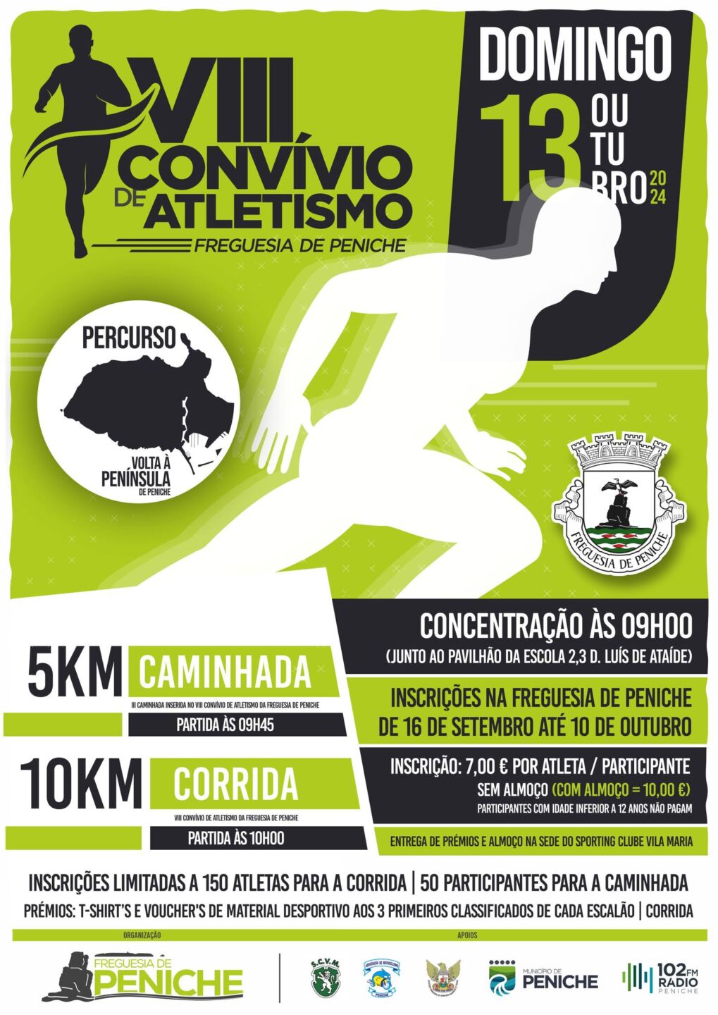 Cartaz do VII Convívio de Atletismo da Freguesia de Peniche, anunciado para 13 de outubro de 2024. Divulga uma caminhada de 5 km e uma corrida de 10 km, com percurso à volta da península de Peniche.