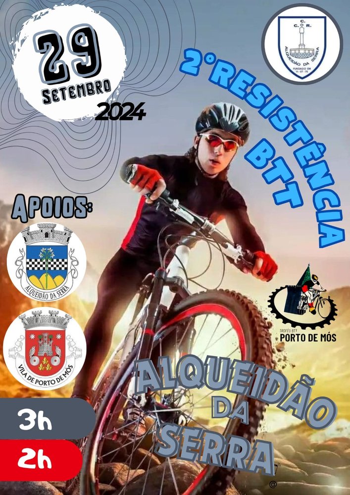 Cartaz da 2.ª Resistência BTT em Alqueidão da Serra, marcada para 29 de setembro de 2024. Apresenta as durações de 3 h e 2 h.