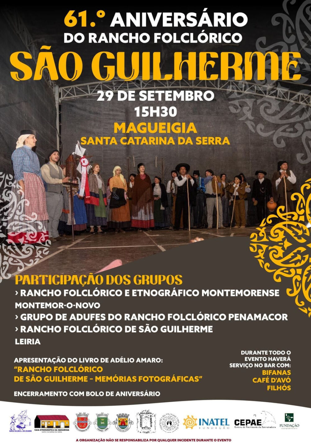 Cartaz do 61.º aniversário do Rancho Folclórico de São Guilherme, com evento anunciado para 29 de setembro, às 15h30, em Magueigia, Santa Catarina da Serra. Anuncia a participação de grupos folclóricos, a apresentação de um livro e o encerramento com bolo de aniversário.