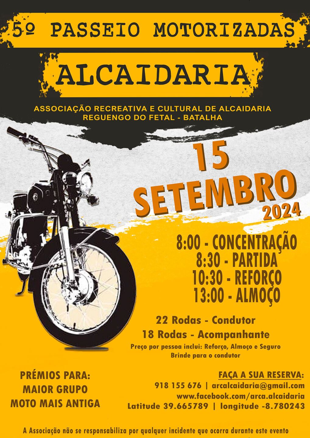 Cartaz do 5.º Passeio Motorizadas de Alcaidaria, organizado pela Associação Recreativa e Cultural de Alcaidaria. Anuncia o evento para 15 de setembro de 2024, com concentração, passeio, refeições e prémios.