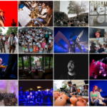 Montagem de fotografias de espetáculos musicais, músicos, público e atividades culturais. Numa das imagens, lê-se «Cidade Criativa da Música»; noutra, «Leiria».