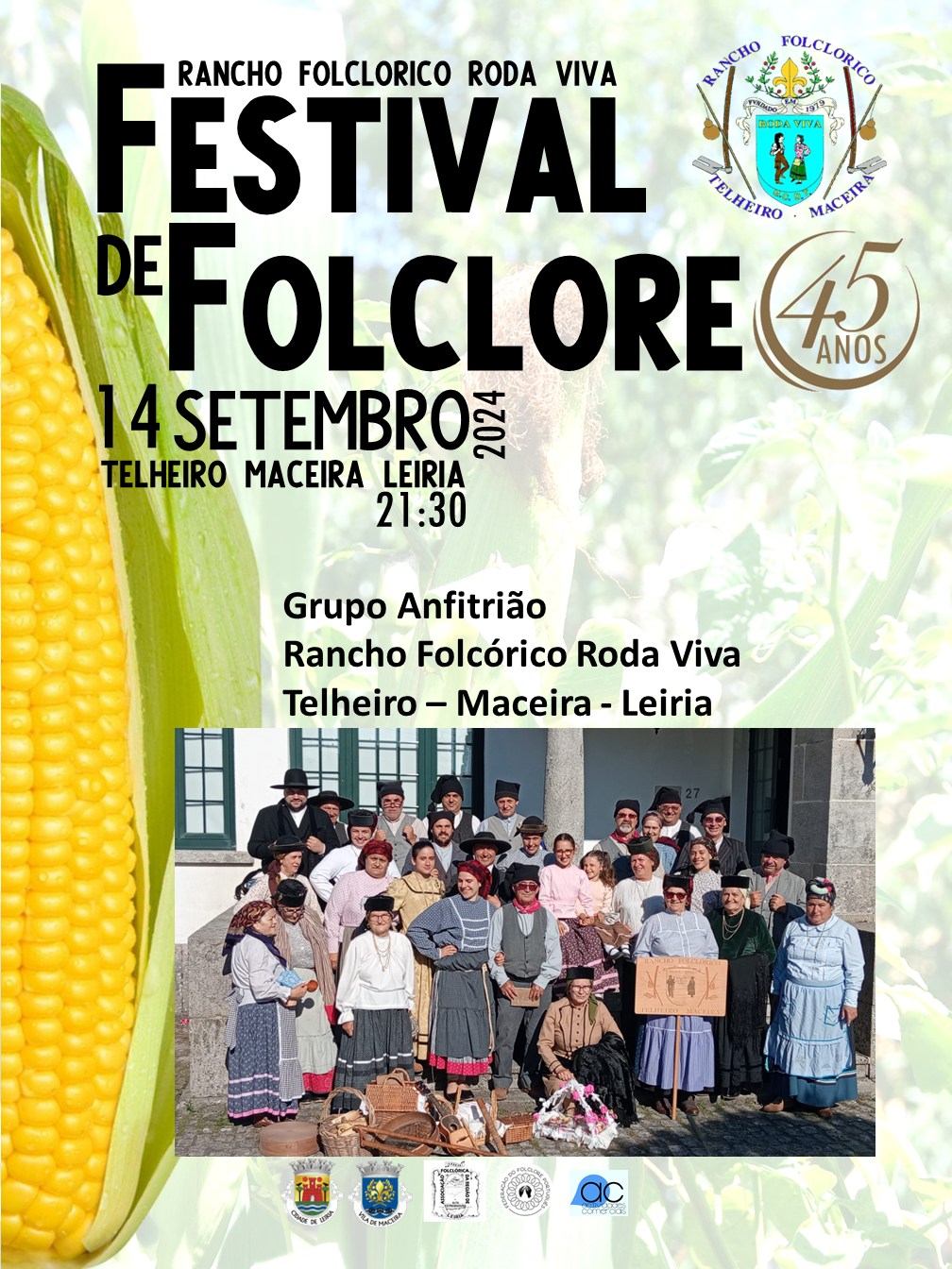 Cartaz do Festival de Folclore do Rancho Folclórico Roda Viva, assinalando 45 anos. Anuncia o evento para 14 de setembro de 2024, às 21h30, em Telheiro, Maceira, Leiria, e mostra uma fotografia de grupo em trajes tradicionais.