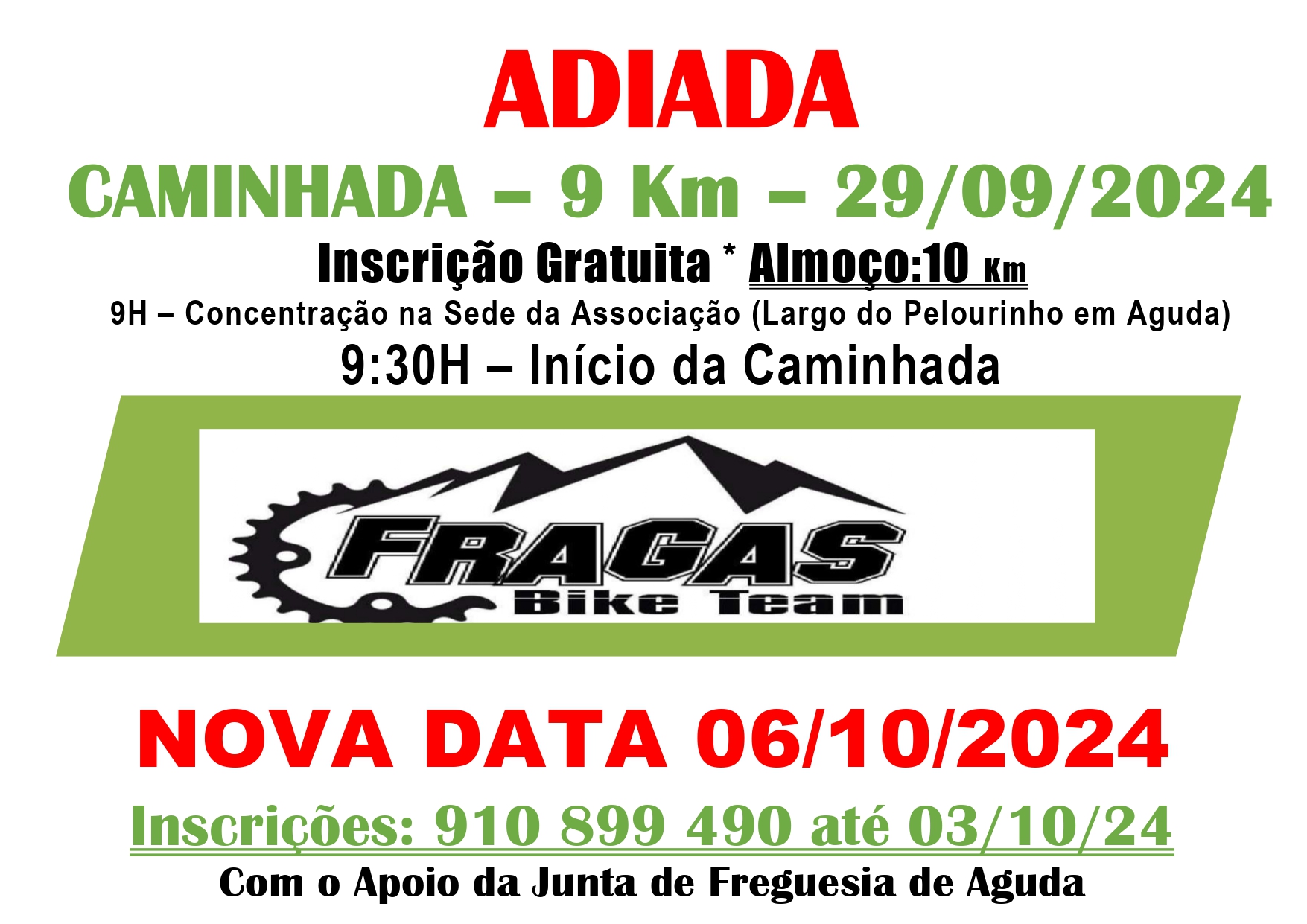 Cartaz de uma caminhada de 9 km em Aguda, inicialmente marcada para 29/09/2024 e adiada para 06/10/2024. Indica inscrição gratuita, concentração às 9h e início às 9h30.