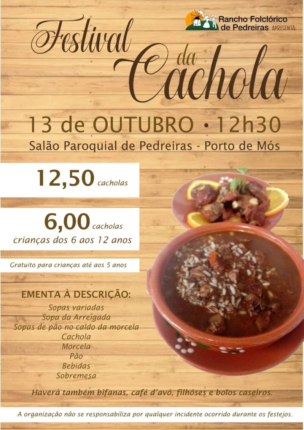 Cartaz do Festival da Cachola, apresentado pelo Rancho Folclórico de Pedreiras. Anuncia o evento para 13 de outubro, às 12h30, no Salão Paroquial de Pedreiras, em Porto de Mós, com preços e ementa.