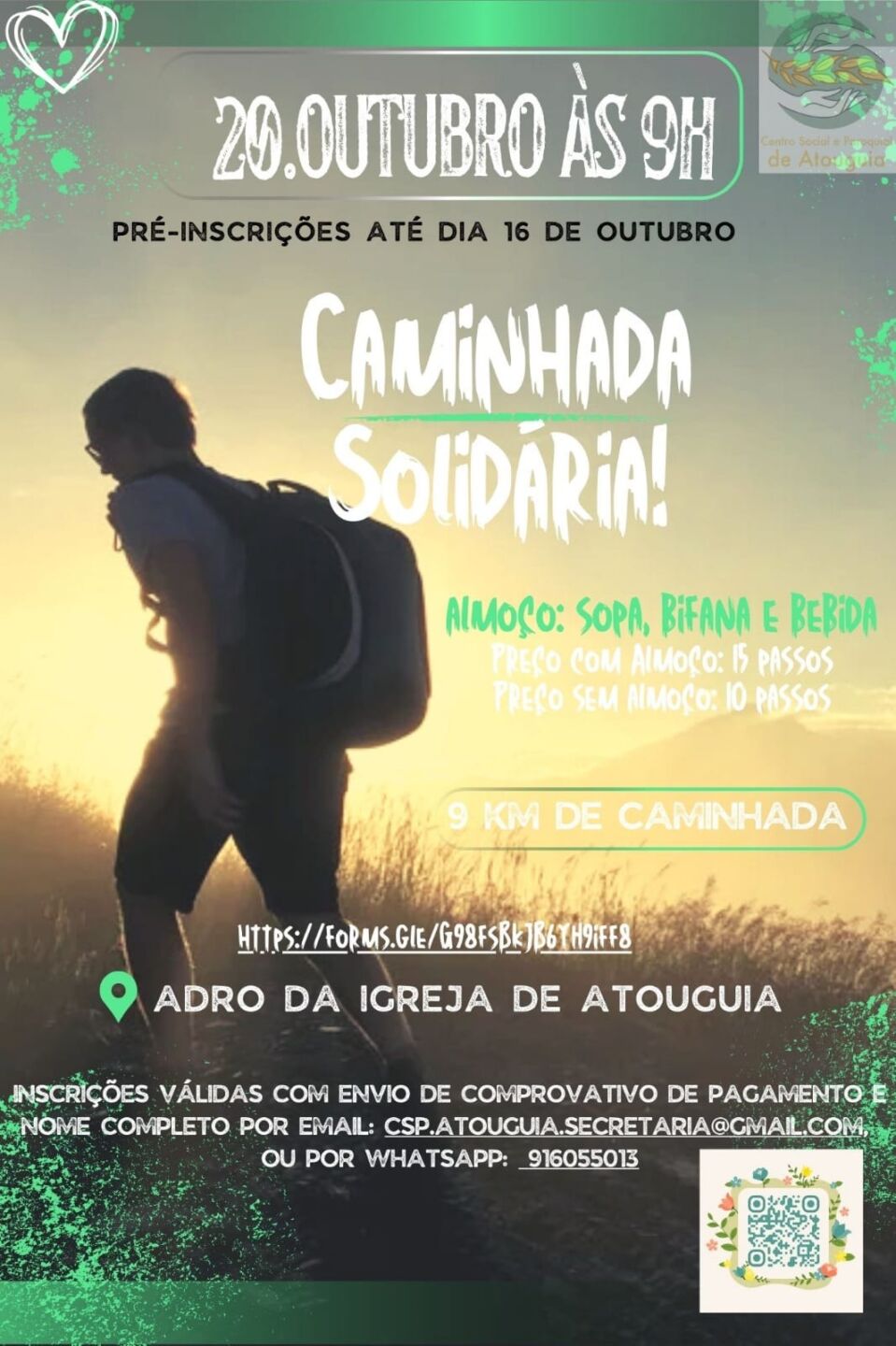 Cartaz de uma caminhada solidária de 9 km, marcada para 20 de outubro às 9h, com partida do adro da Igreja de Atouguia. As pré-inscrições decorrem até 16 de outubro.