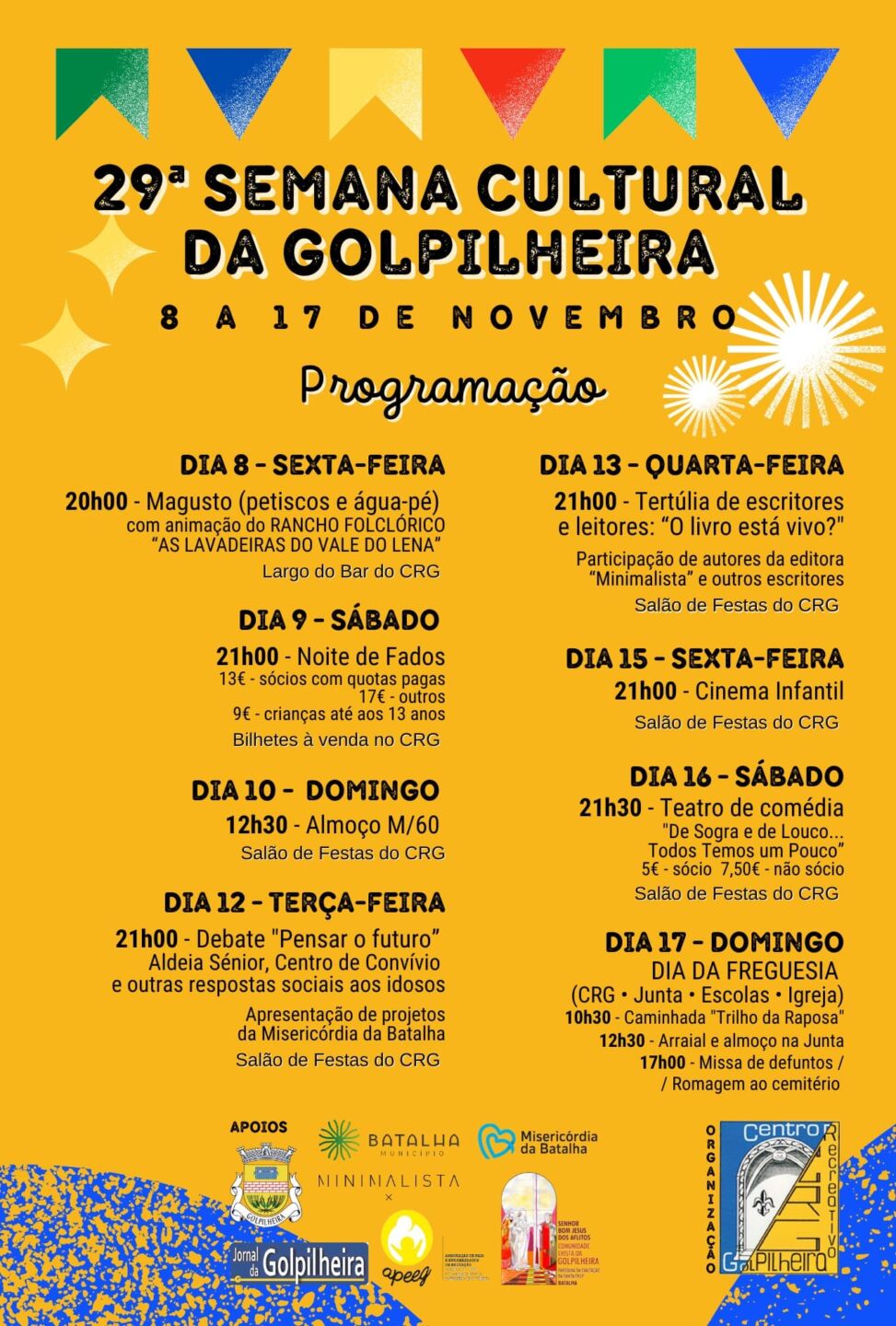 Cartaz da 29.ª Semana Cultural da Golpilheira, de 8 a 17 de novembro. A programação inclui fados, debate, tertúlia literária, cinema infantil, teatro e atividades do Dia da Freguesia.
