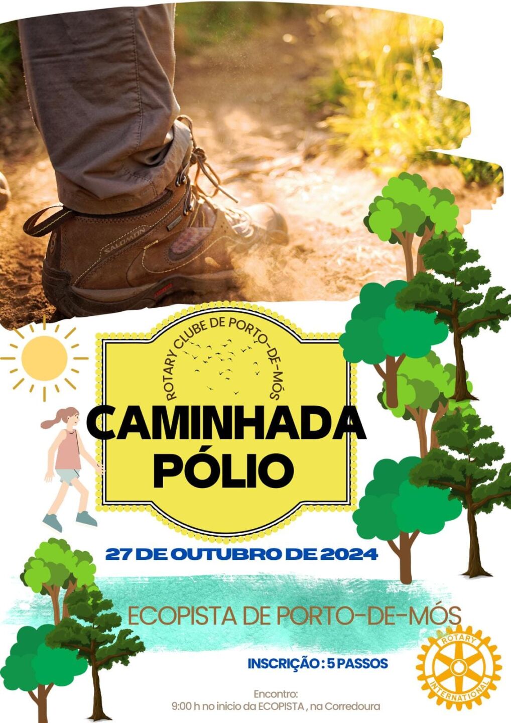 Cartaz de uma caminhada organizada pelo Rotary Clube de Porto de Mós, marcada para 27 de outubro de 2024 na Ecopista de Porto de Mós. Indica inscrição de 5 passos e encontro às 9h00 no início da ecopista, na Corredoura.