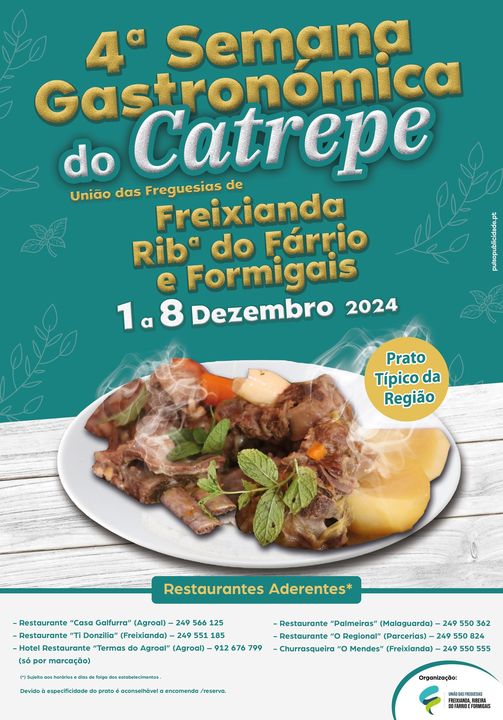 Cartaz da 4.ª Semana Gastronómica do Catrepê, promovida pela União das Freguesias de Freixianda, Ribeira do Fárrio e Formigais, de 1 a 8 de dezembro de 2024. Apresenta um prato típico da região e uma lista de restaurantes aderentes.