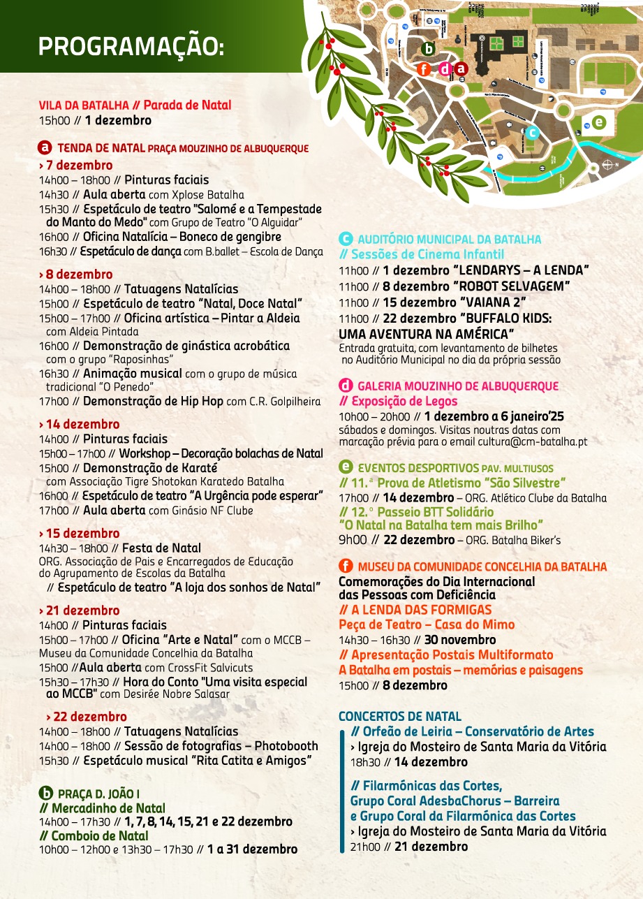 Cartaz com a programação de Natal na Batalha, incluindo mercado, espetáculos, oficinas, cinema infantil e concertos em vários espaços da vila. As atividades decorrem entre novembro e janeiro.