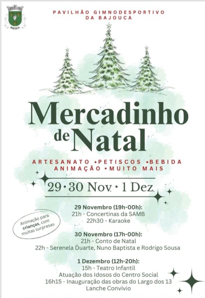 Cartaz do Mercadinho de Natal no Pavilhão Gimnodesportivo da Bajouca, anunciado para 29 e 30 de novembro e 1 de dezembro. Divulga artesanato, petiscos, bebidas e atividades para crianças, além de atuações e outras iniciativas.