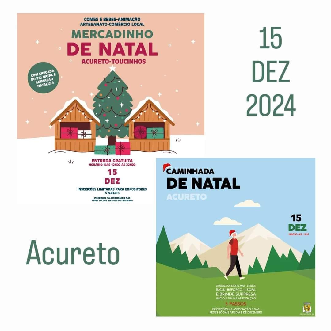 Imagem com cartazes de um mercadinho de Natal em Acureto-Toucinhos e de uma caminhada de Natal em Acureto. Ambos anunciam atividades para 15 de dezembro de 2024.