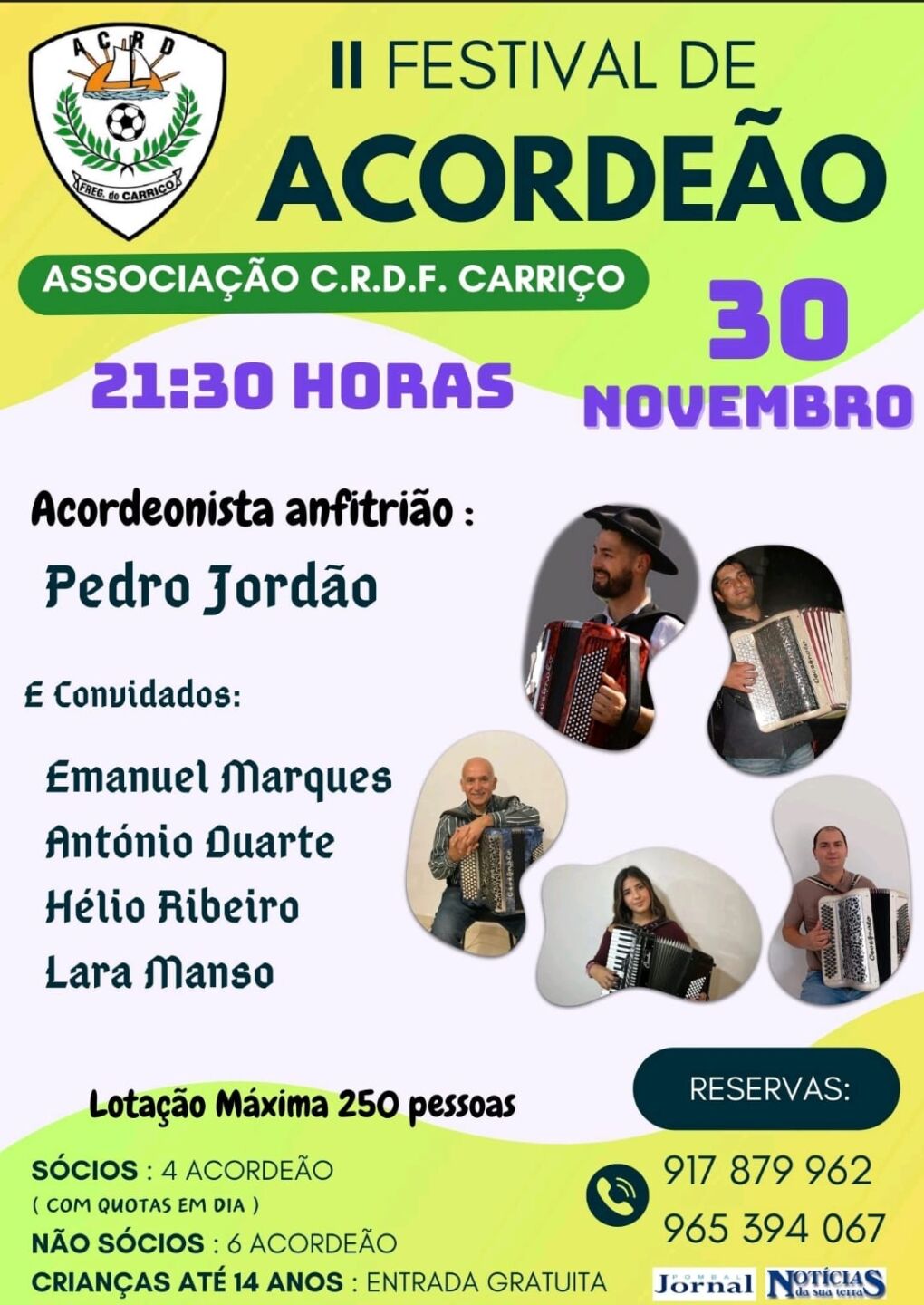 Cartaz do II Festival de Acordeão da Associação C.R.D.F. Carriço, anunciado para 30 de novembro às 21h30. Apresenta Pedro Jordão como acordeonista anfitrião e quatro convidados.