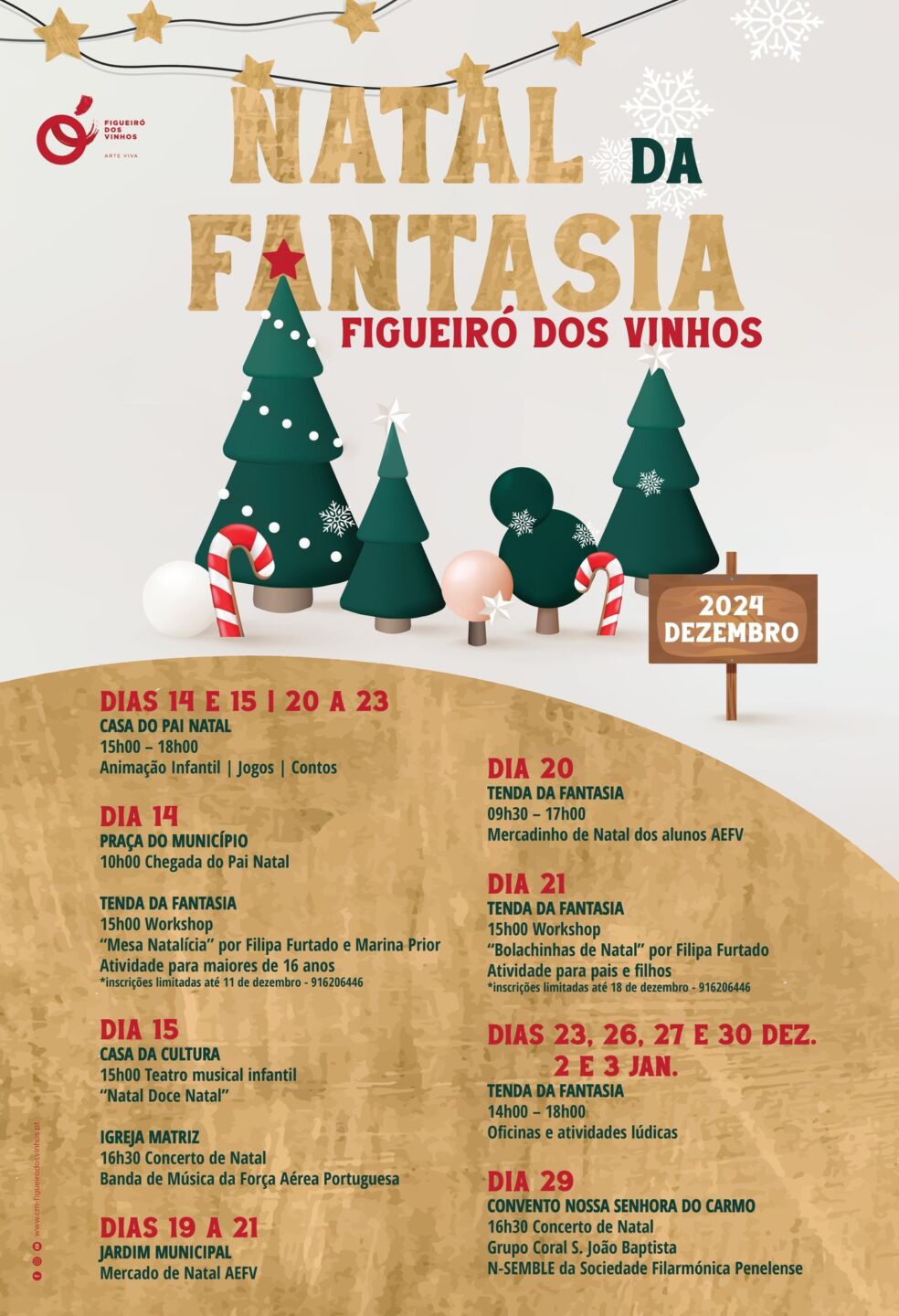 Cartaz do «Natal da Fantasia» em Figueiró dos Vinhos, com a programação de dezembro de 2024 e início de janeiro. Anuncia atividades infantis, workshops, um mercado de Natal e concertos.