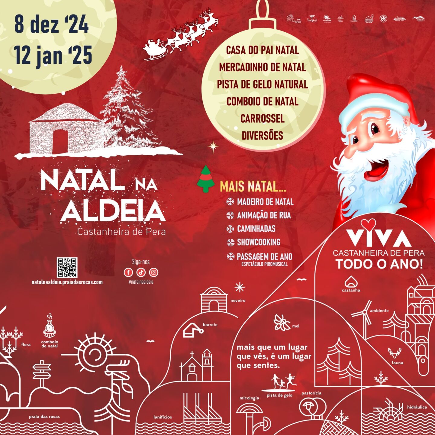 Cartaz do evento «Natal na Aldeia», em Castanheira de Pera, anunciado para 8 de dezembro de 2024 a 12 de janeiro de 2025. Destaca a casa do Pai Natal, o mercadinho de Natal, a pista de gelo natural e outras diversões.
