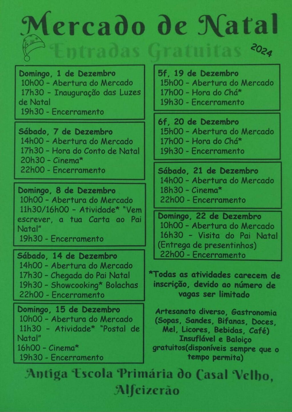 Cartaz do Mercado de Natal de 2024 em Casal Velho, Alfeizerão, com entradas gratuitas. Apresenta a programação de dezembro, incluindo cinema, atividades infantis, gastronomia e visitas do Pai Natal.