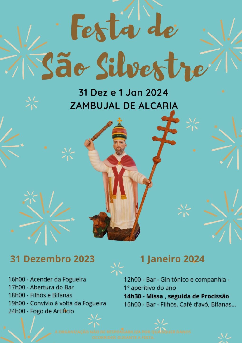Cartaz da Festa de São Silvestre, em Zambujal de Alcaria, com programa para 31 de dezembro de 2023 e 1 de janeiro de 2024. Anuncia fogueira, fogo de artifício, missa e procissão.