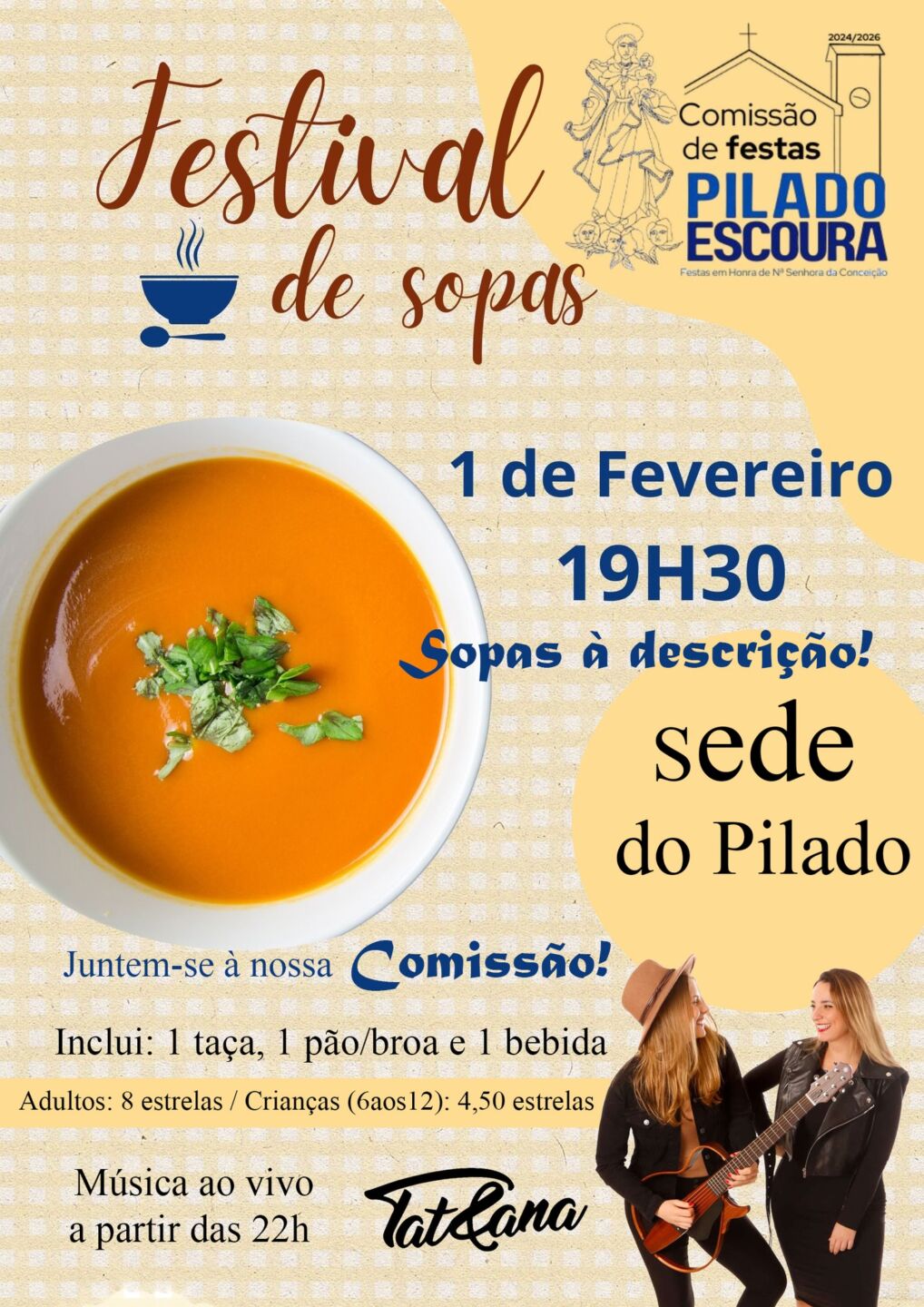 Cartaz de um Festival de Sopas na sede do Pilado, anunciado para 1 de fevereiro às 19h30. Indica sopas à discrição e música ao vivo a partir das 22h.