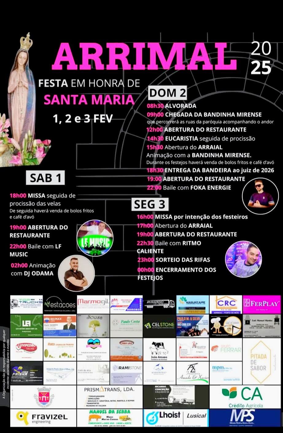 Cartaz da festa em honra de Santa Maria, no Arrimal, marcada para 1, 2 e 3 de fevereiro. Apresenta o programa religioso e de animação, com missas, procissões, música e sorteio de rifas.